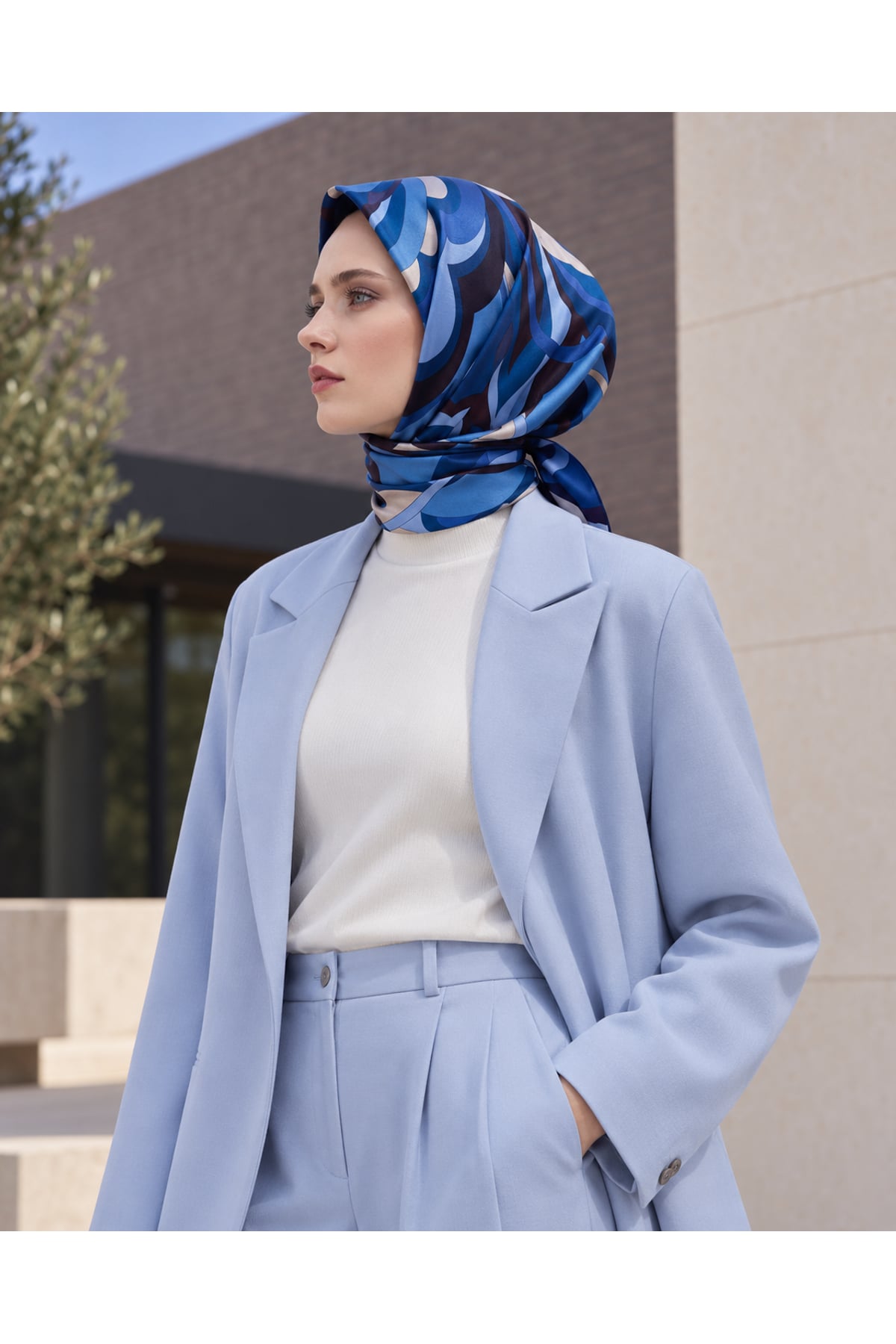 Vera Bella Tivil İpek Eşarp 90x90 - Mavi