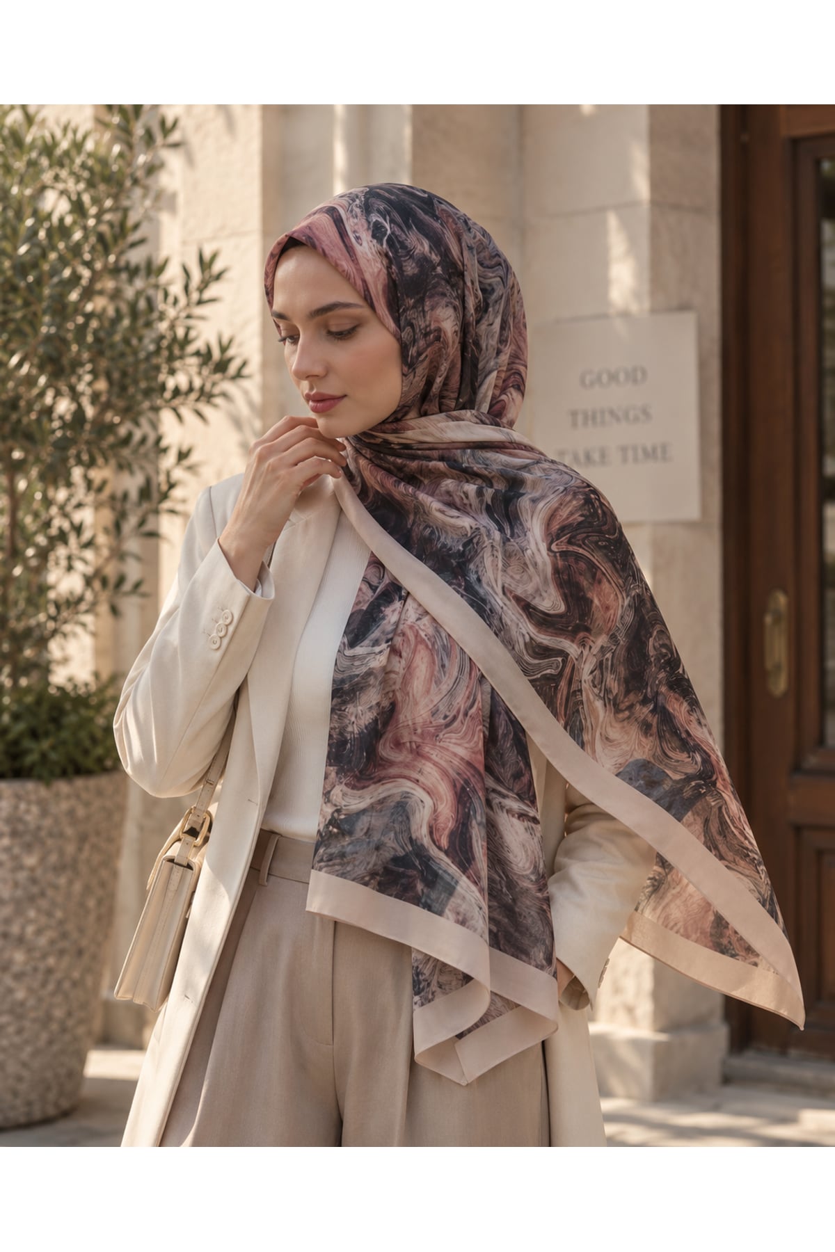 Vera Mermer Desenli Modal Şal 70x180 - Krem