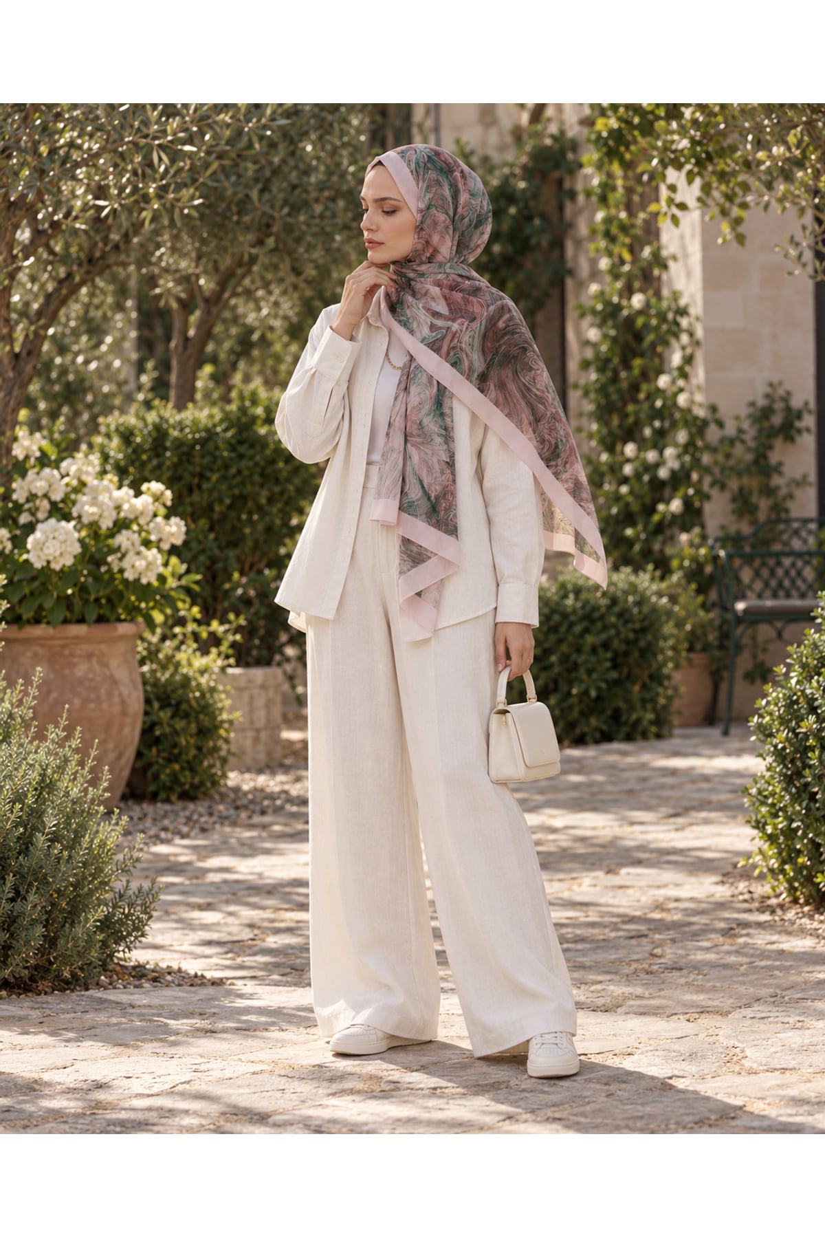 Vera Mermer Desenli Modal Şal 70x180 - Pembe Yeşil — görsel 2
