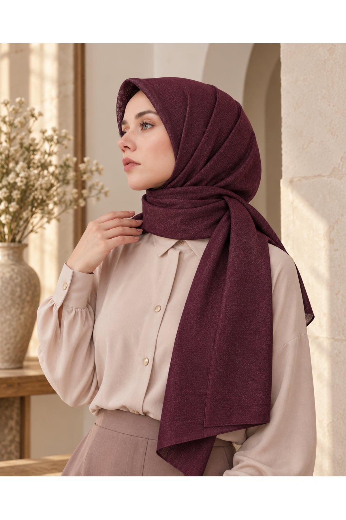 Vera Otantik Desenli Eşarp 100 x 100 - Bordo
