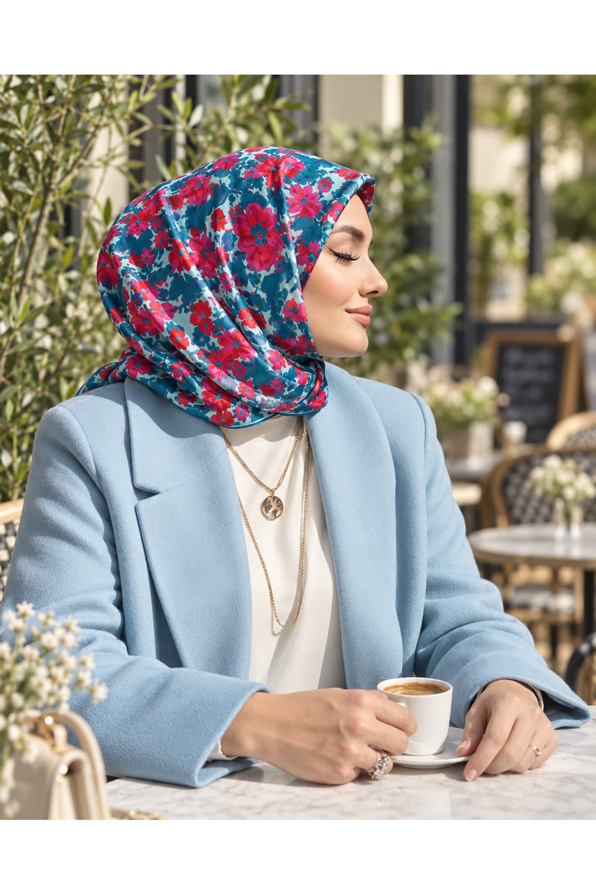 Vera Çiçek Desenli Eşarp - Mavi