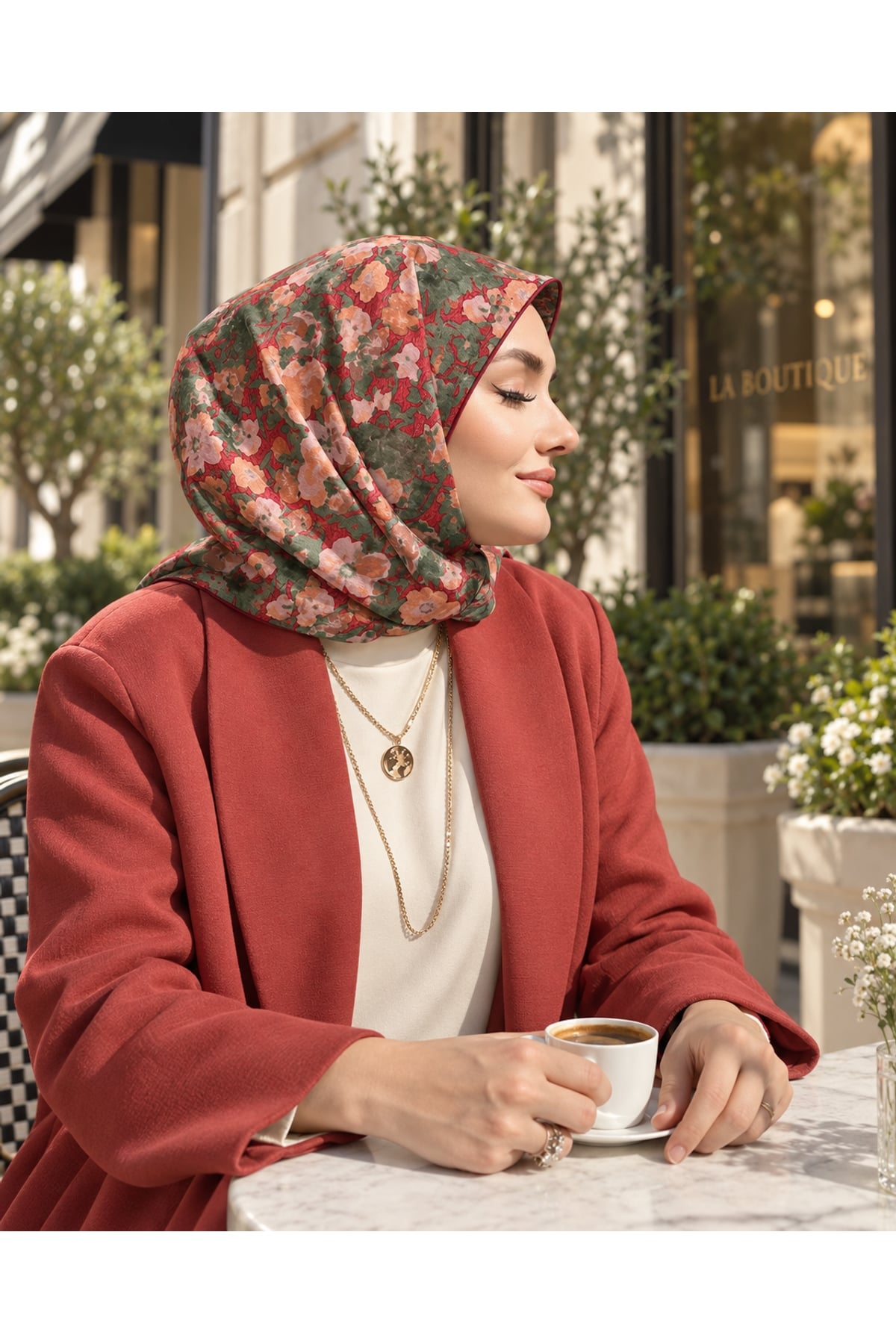 Vera Çiçek Desenli Eşarp - Kiremit