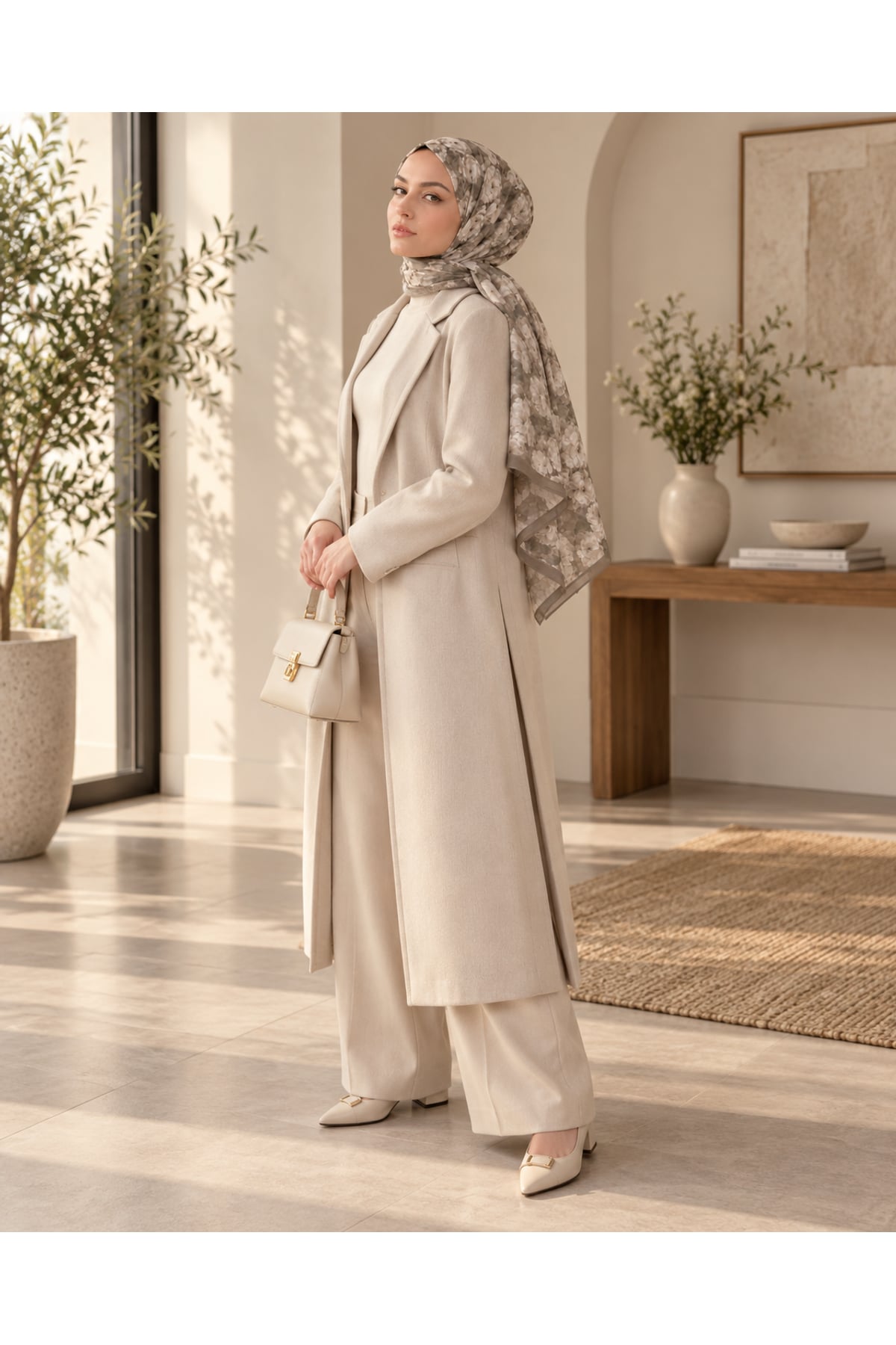 Vera Desenli Kıraş Şal 70x180 - Krem — görsel 2