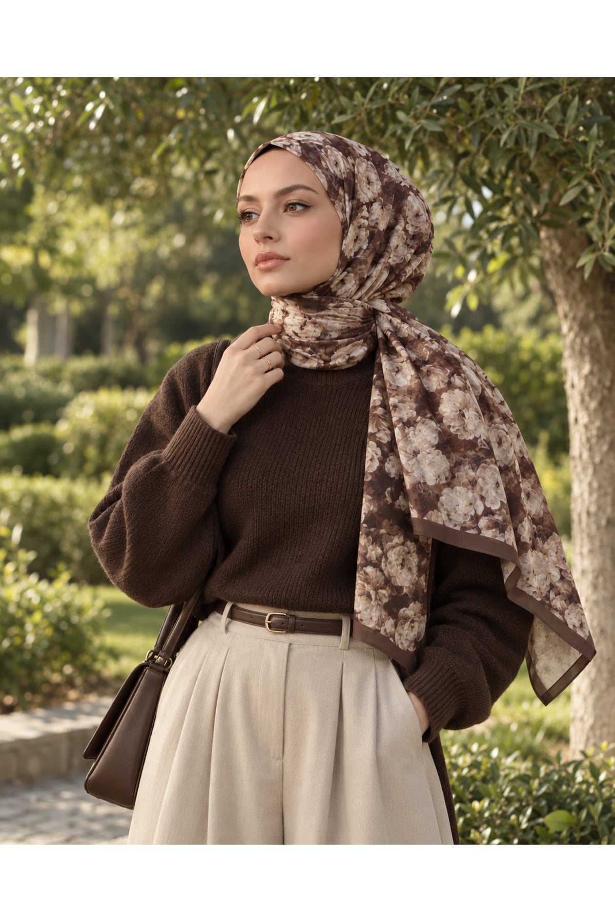 Vera Desenli Kıraş Şal 70x180 - Kahve
