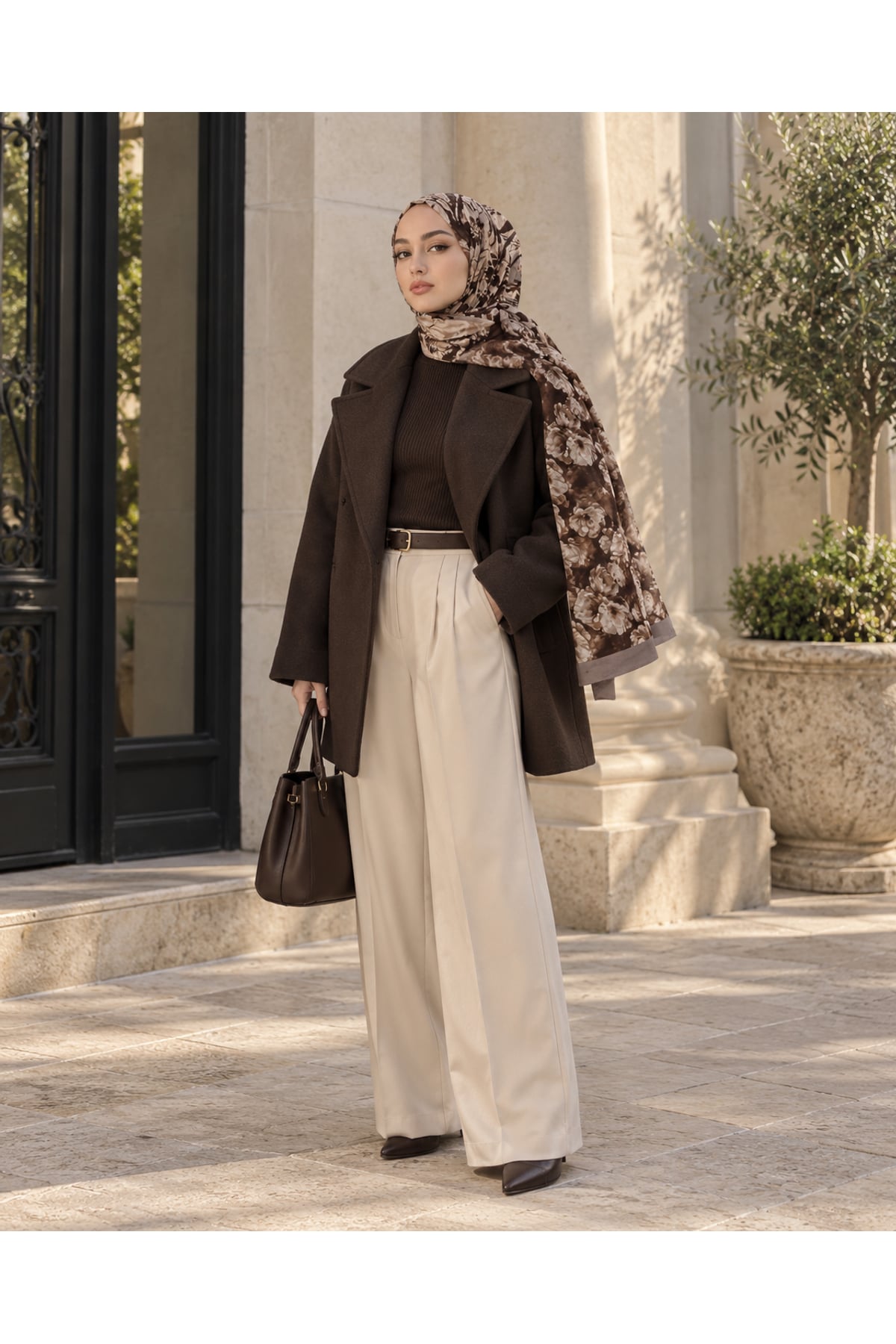 Vera Desenli Kıraş Şal 70x180 - Kahve Bej — görsel 2
