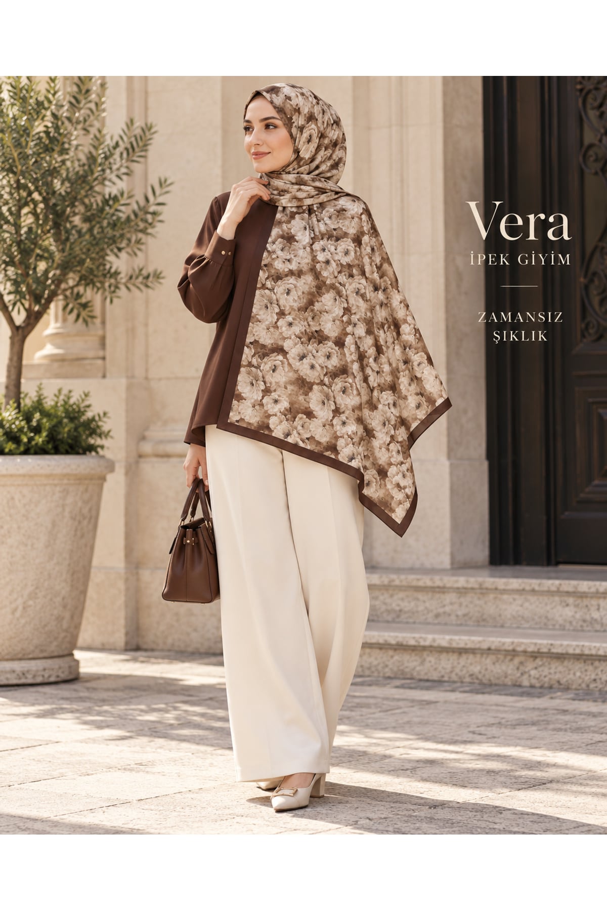 Vera Desenli Kıraş Şal 70x180 - Kahve Gül — görsel 2