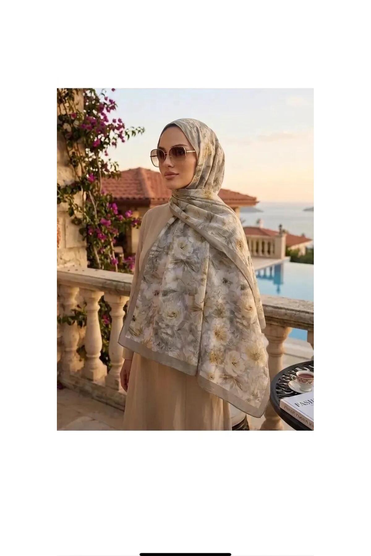 Vera Şal Desen Kıraş Şal 70x180 - Bej Kenar Vizon