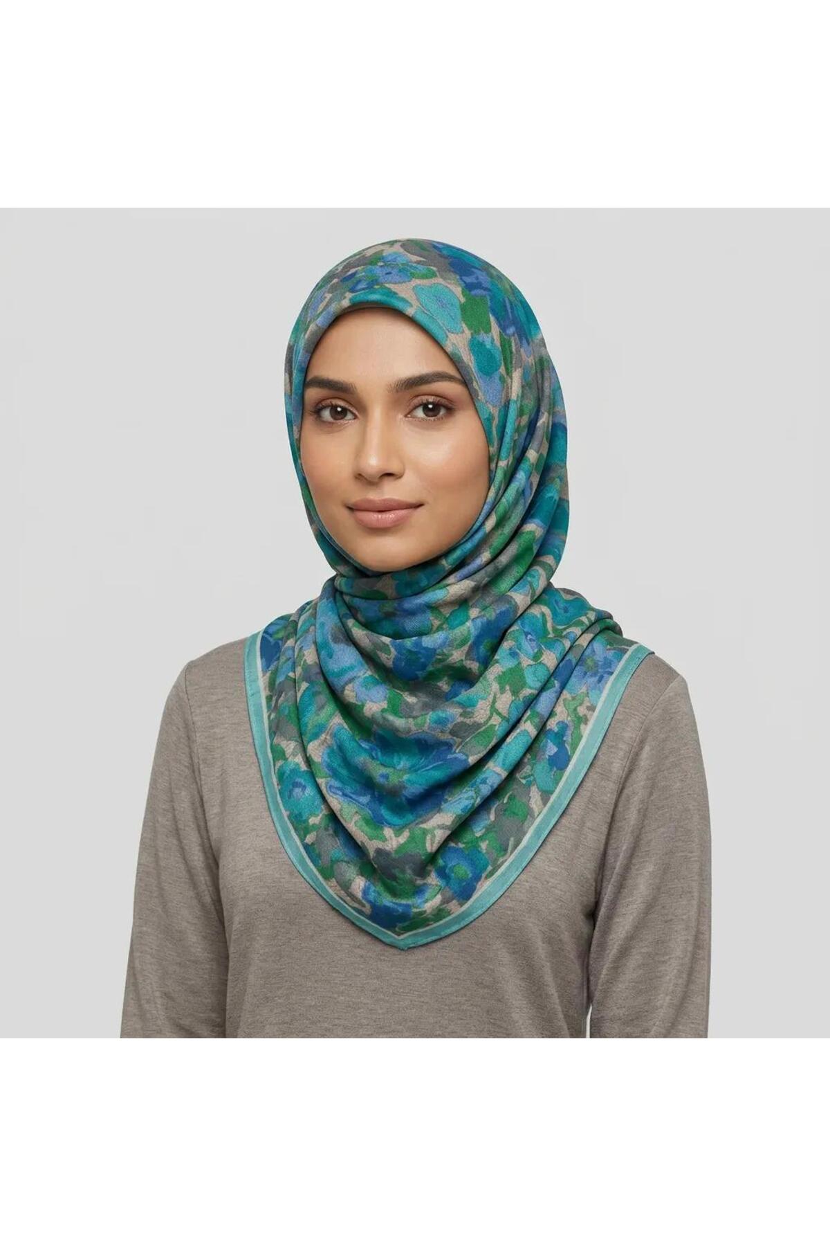 Vera Çiçekli Şal 70 x 185 - Turkuaz Baskılı