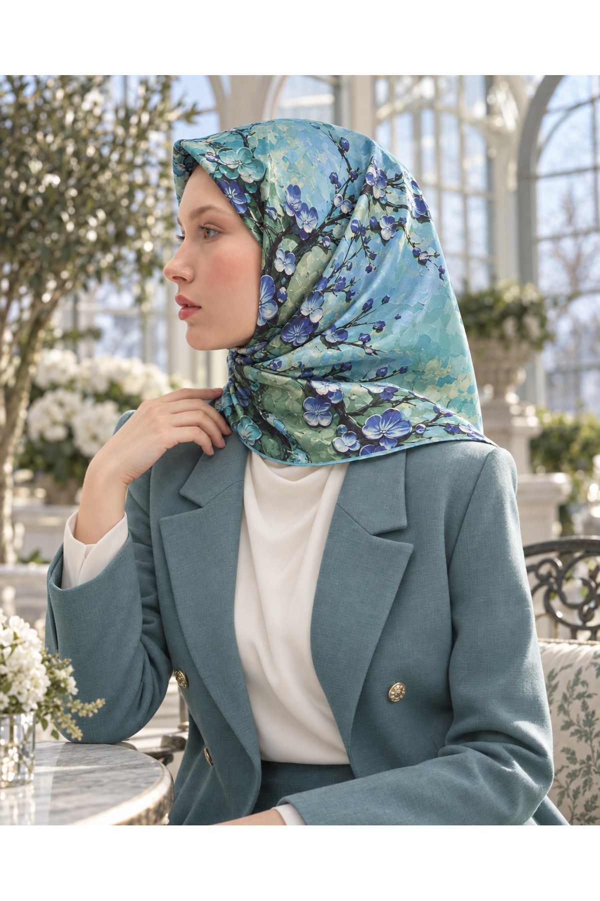 Vera Çiçek Desenli Eşarp - Turkuaz