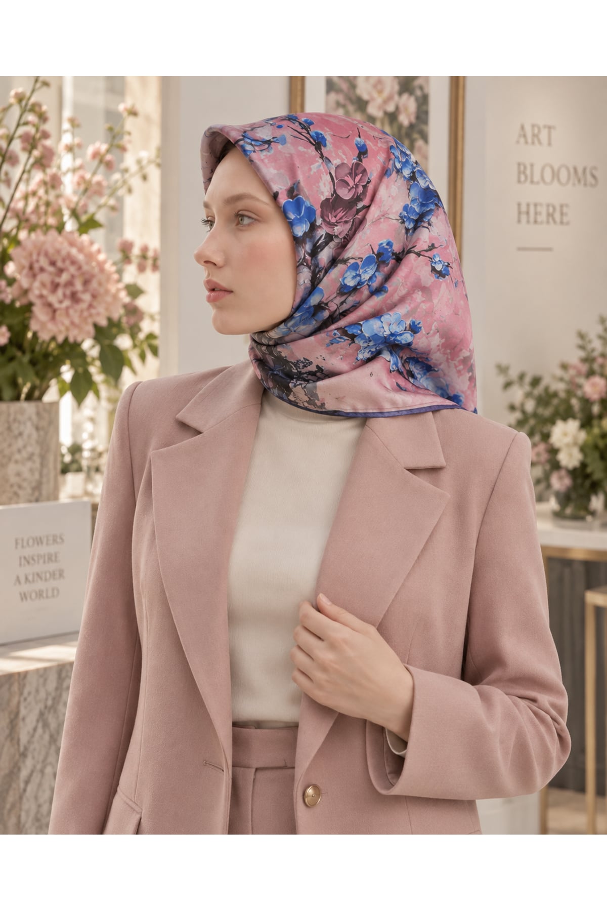 Vera Çiçek Desenli Eşarp - Pembe Turkuaz — görsel 2