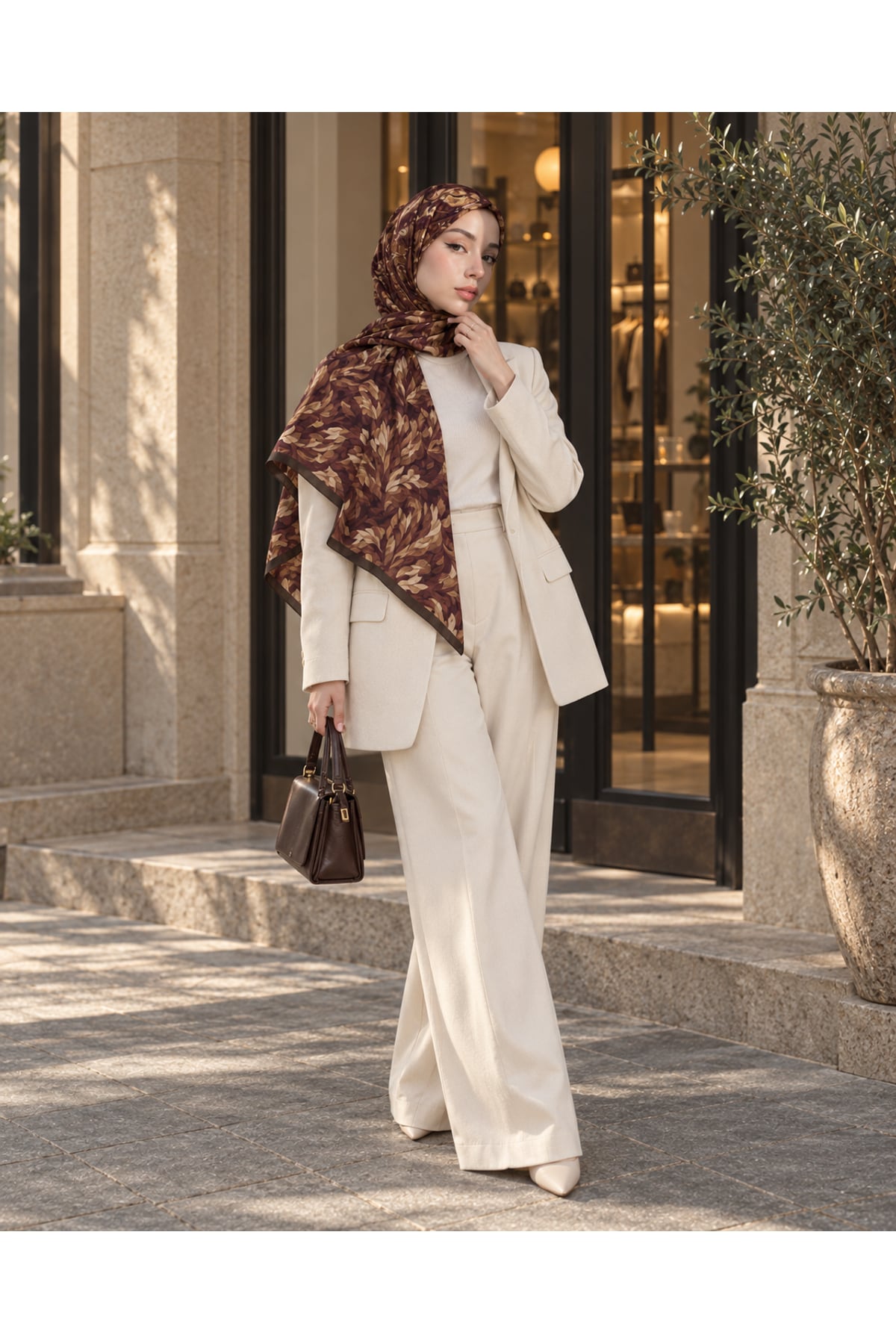 Vera Desenli Kıraş Şal 70x180 - Kahve — görsel 2